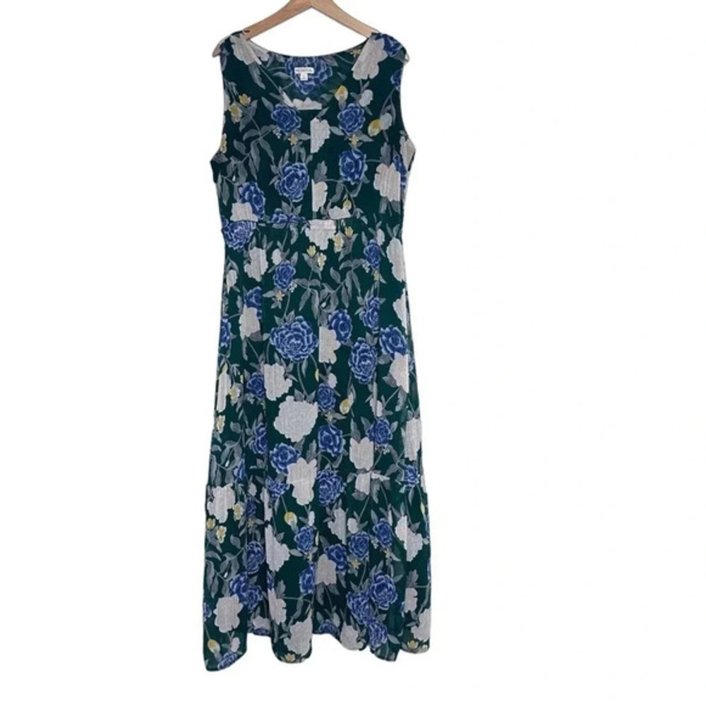 Merona Maxi‎ Dress Size L Green Blue Floral Sleeveless V-Neck Tiered Boho Long